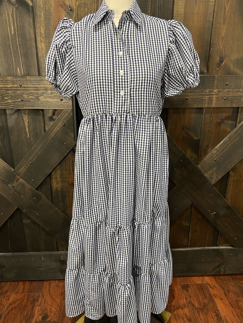 Bululu Blue White Gingham Plaid Tiered Ruffle Puff Midi Dress M Cottagecore USA